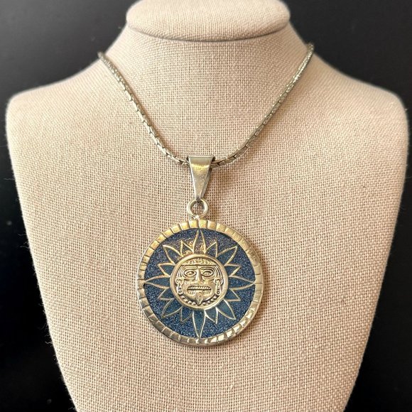 Jewelry - Vintage Sterling Silver Aztec Sun Pendant Crushed Turquoise Inlay Necklace